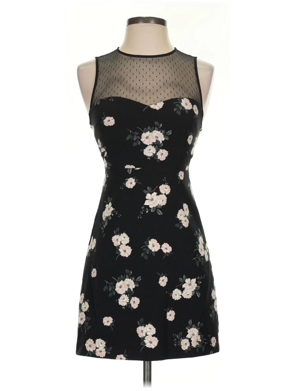 Express Black Mini Dress with Cream Floral Print and Mesh Yoke